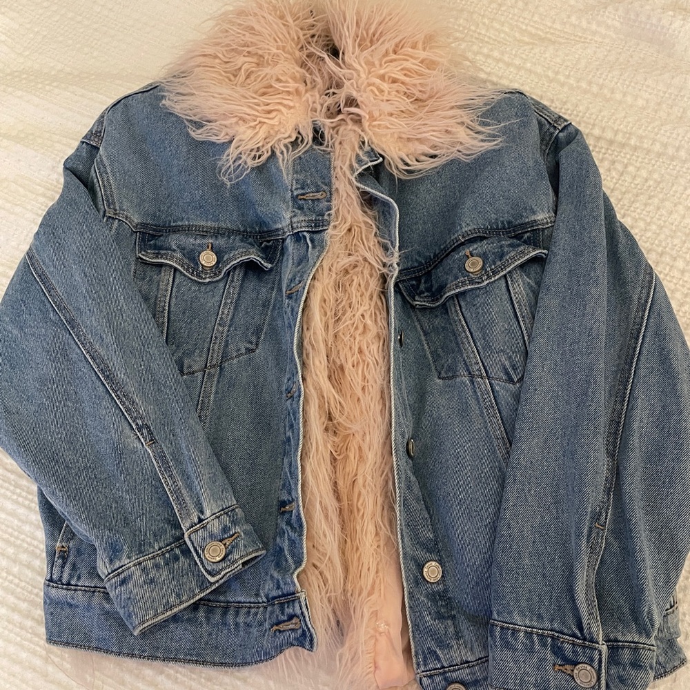 Bershka Pink Shearling Lined Denim Coat